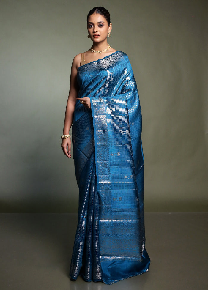 Blue Handloom Dupion Pure Silk Saree With Blouse Piece