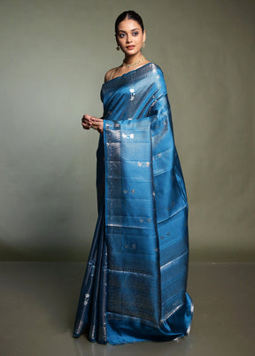 Blue Handloom Dupion Pure Silk Saree With Blouse Piece