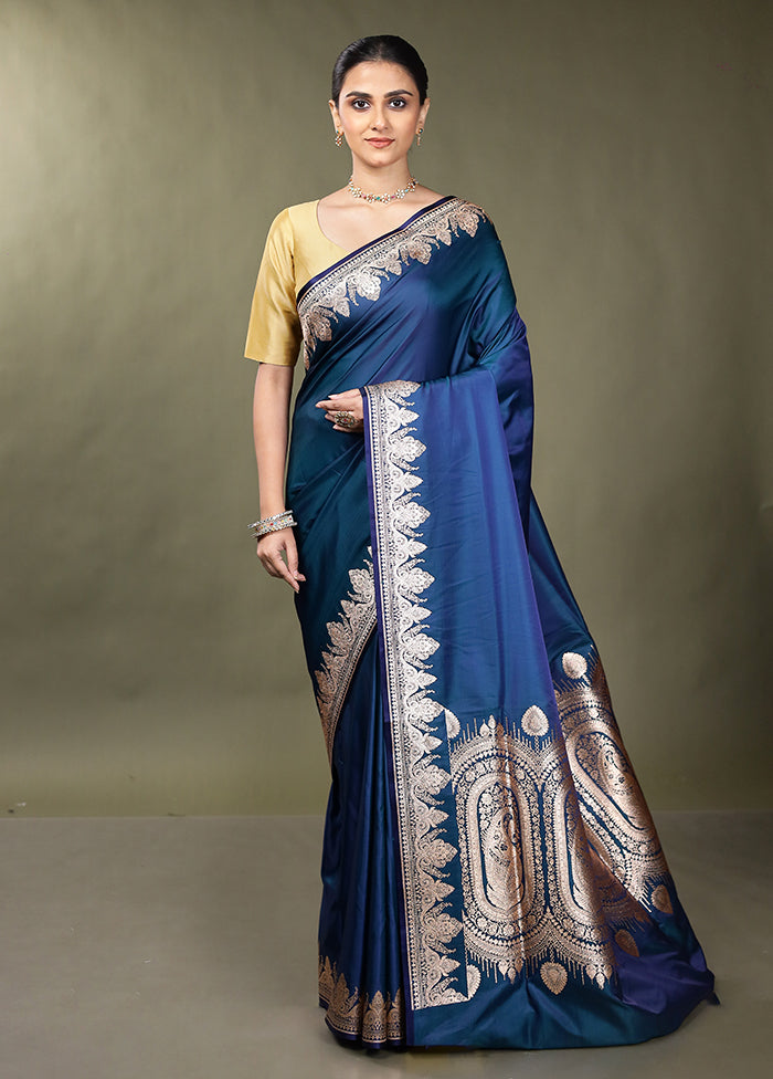 Blue Banarasi Silk Saree With Blouse Piece