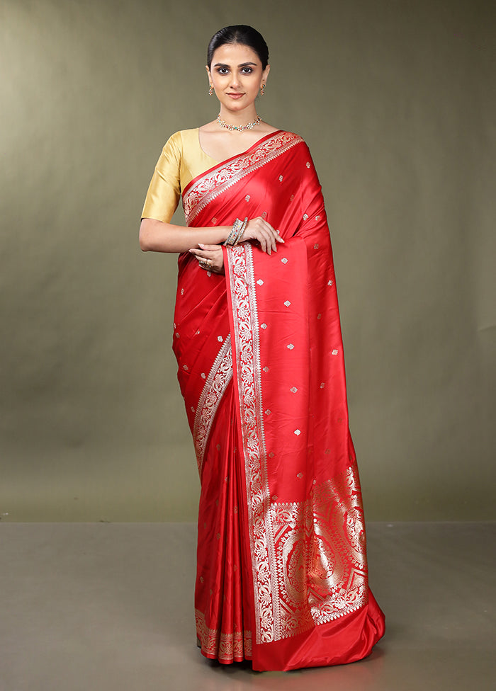 Red Banarasi Silk Saree With Blouse Piece