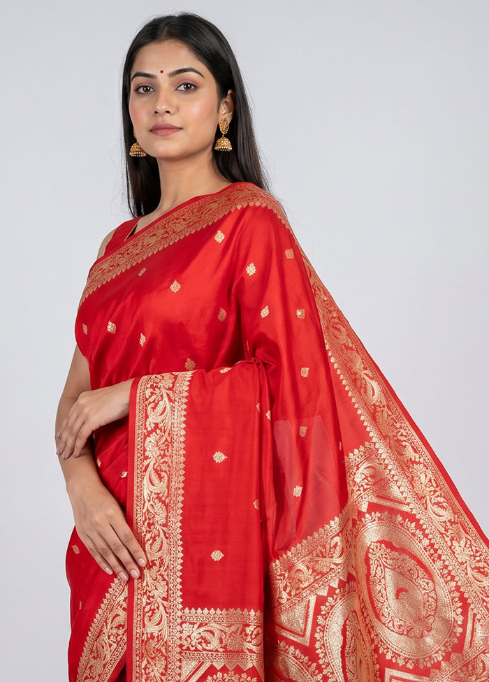 Red Banarasi Silk Saree With Blouse Piece