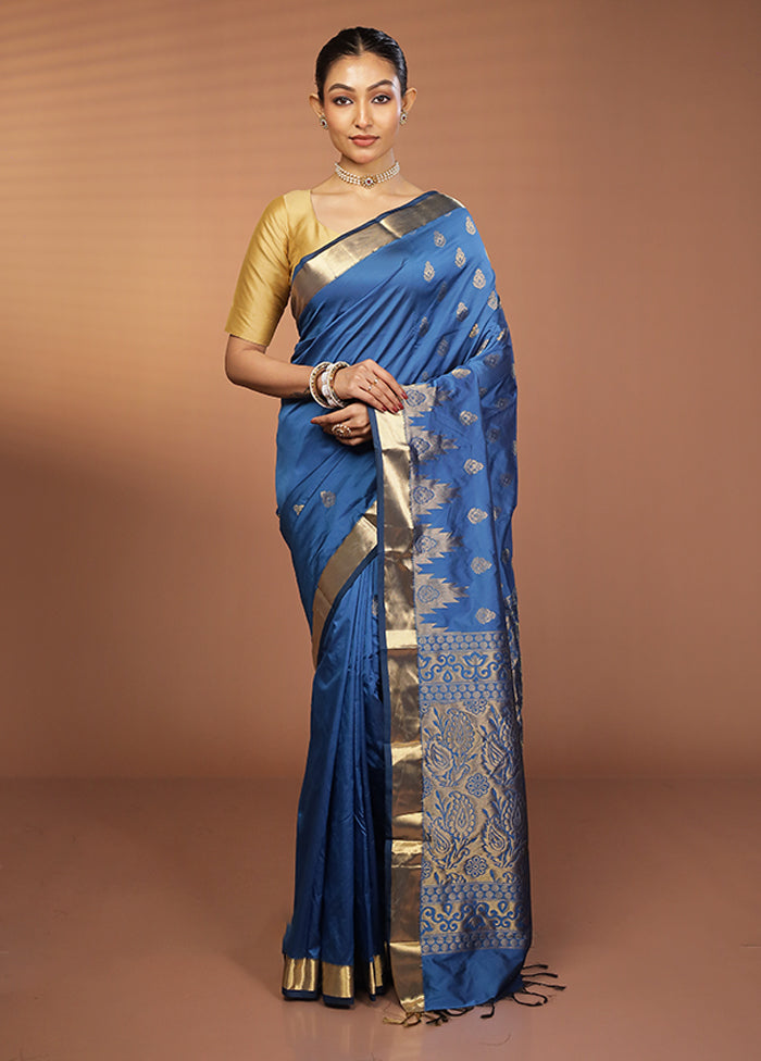Blue Kanjivaram Silk Saree With Blouse Piece