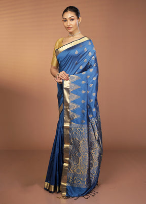 Blue Kanjivaram Silk Saree With Blouse Piece