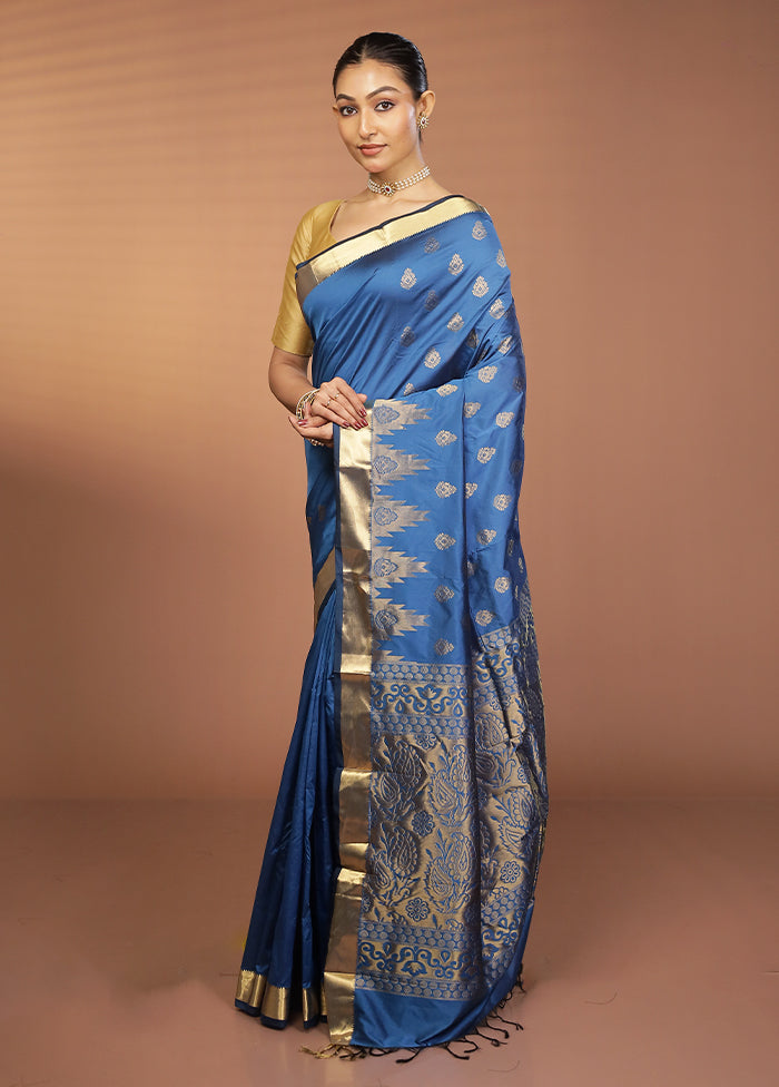 Blue Kanjivaram Silk Saree With Blouse Piece