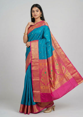 Blue Kanjivaram Silk Saree With Blouse Piece