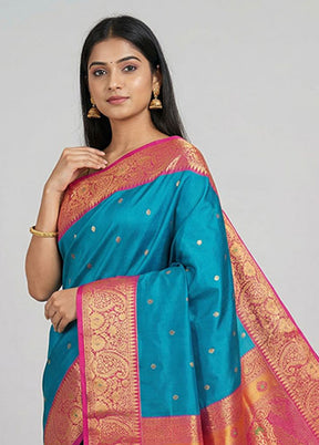 Blue Kanjivaram Silk Saree With Blouse Piece