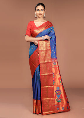 Blue Kanjivaram Silk Saree With Blouse Piece