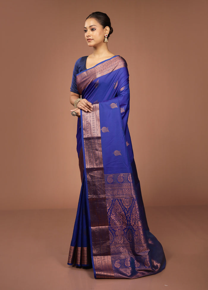 Blue Kanjivaram Silk Saree With Blouse Piece