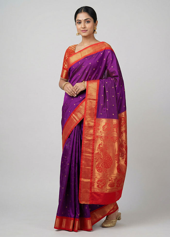 Purple Kanjivaram Silk Saree With Blouse Piece