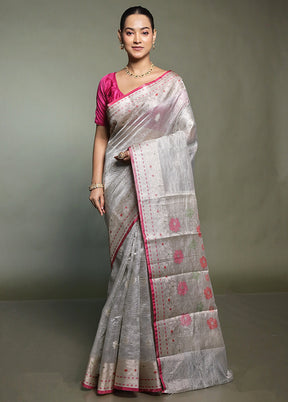 Grey Crushed Tissue Silk Saree With Blouse Piece