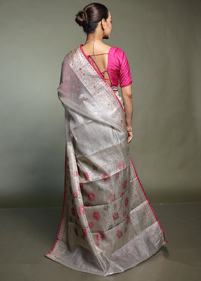 Grey Crushed Tissue Silk Saree With Blouse Piece