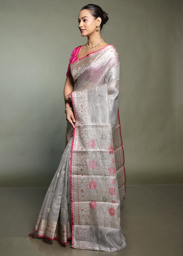 Grey Crushed Tissue Silk Saree With Blouse Piece