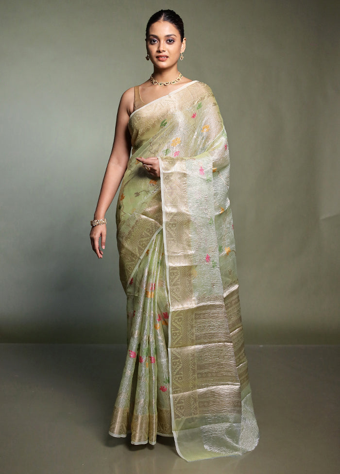 Green Crushed Tissue Silk Saree With Blouse Piece