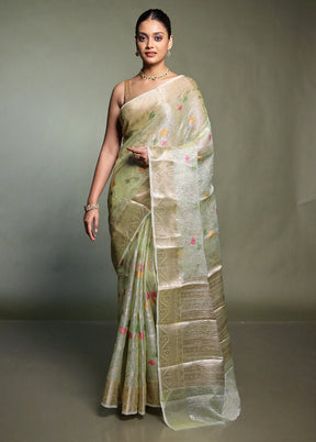 Green Crushed Tissue Silk Saree With Blouse Piece