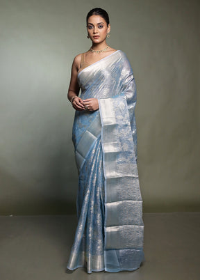 Blue Crushed Tissue Silk Saree With Blouse Piece