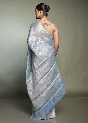 Blue Crushed Tissue Silk Saree With Blouse Piece