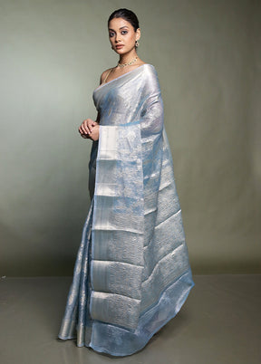 Blue Crushed Tissue Silk Saree With Blouse Piece