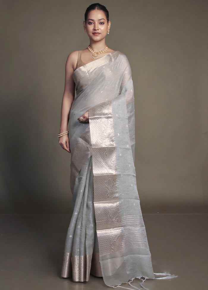 Grey Crushed Tissue Silk Saree With Blouse Piece