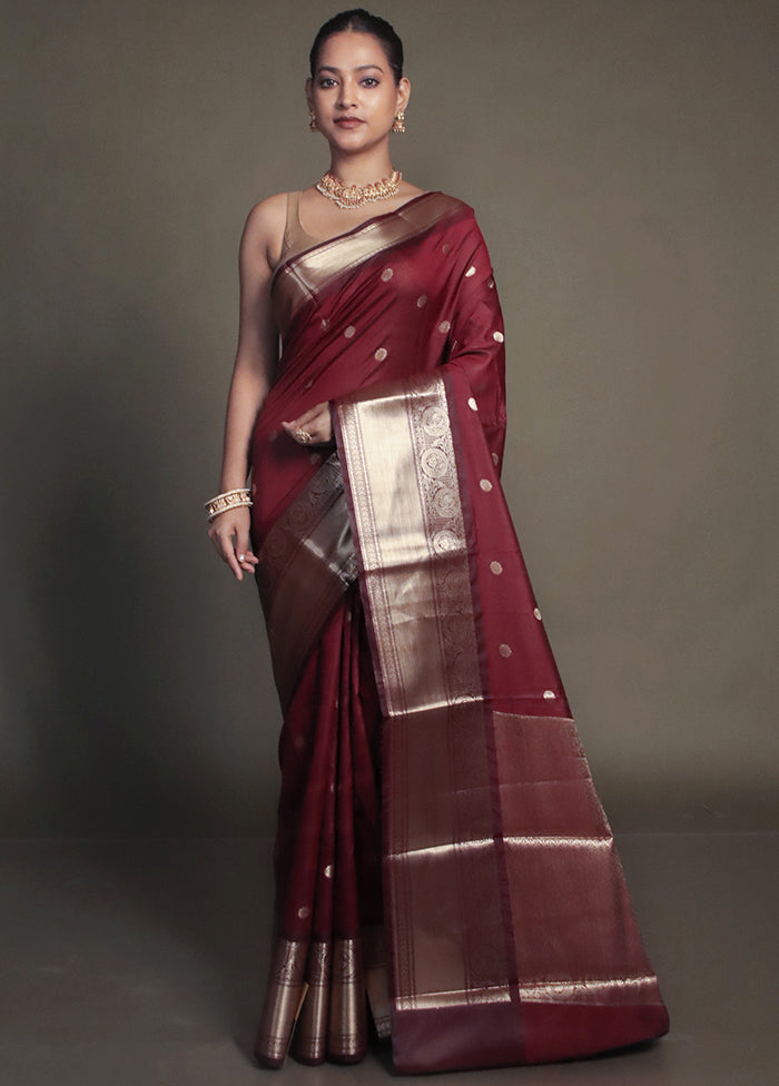 Maroon Kora Silk Saree With Blouse Piece