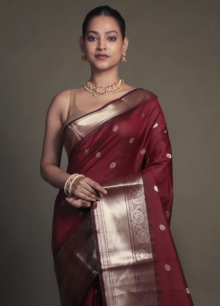 Maroon Kora Silk Saree With Blouse Piece
