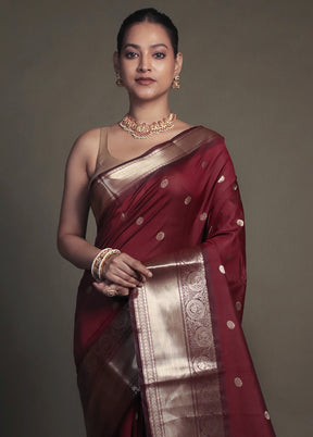 Maroon Kora Silk Saree With Blouse Piece