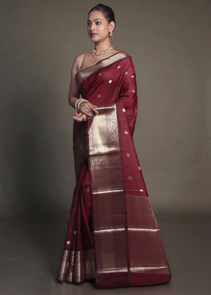 Maroon Kora Silk Saree With Blouse Piece