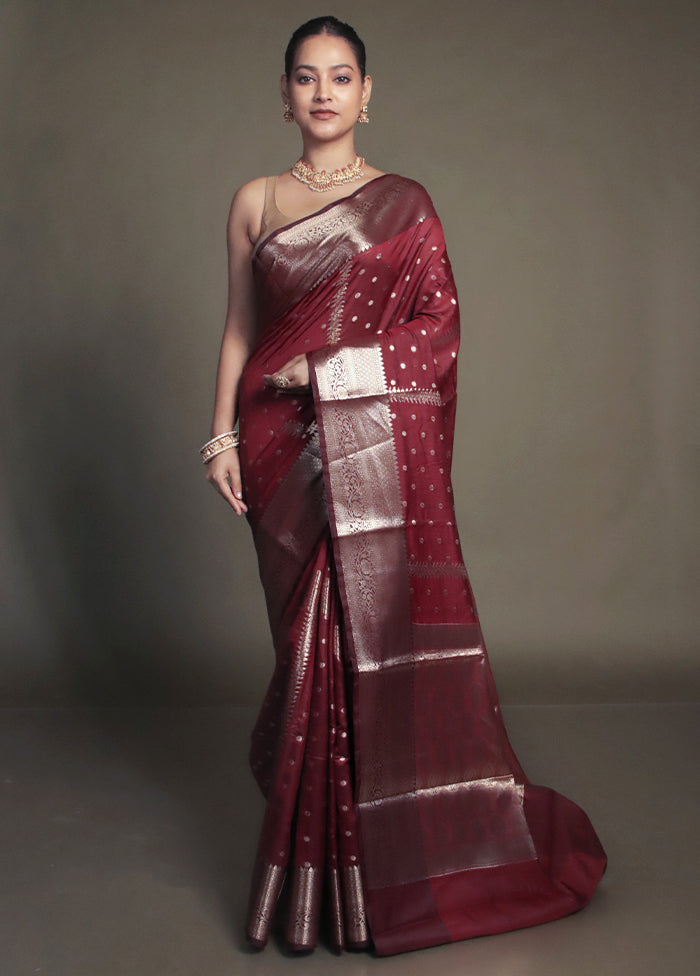 Maroon Kora Silk Saree With Blouse Piece