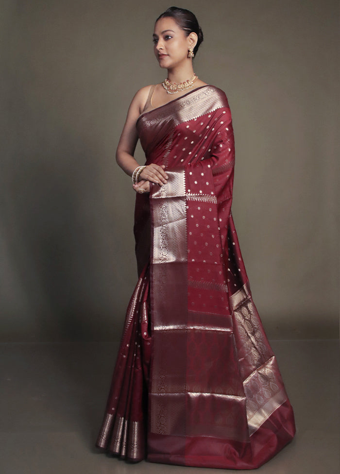 Maroon Kora Silk Saree With Blouse Piece