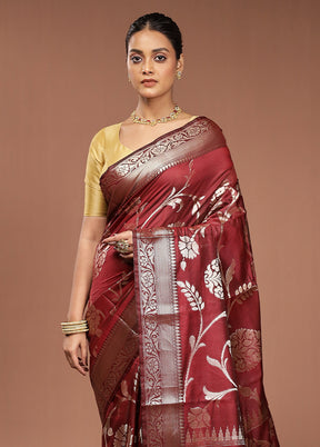 Maroon Kora Silk Saree With Blouse Piece