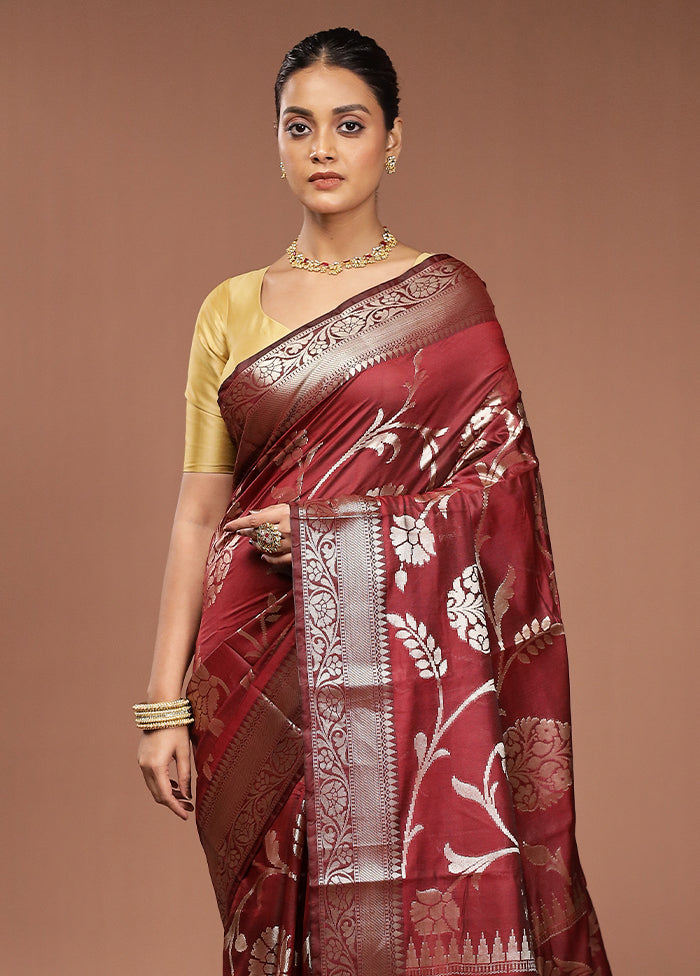 Maroon Kora Silk Saree With Blouse Piece