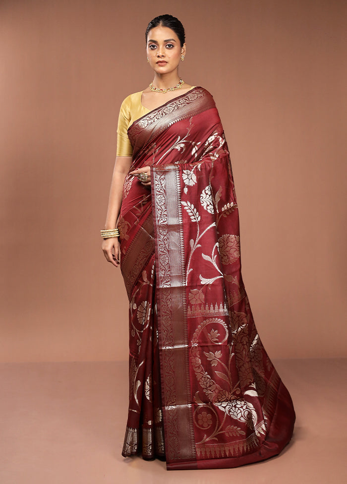 Maroon Kora Silk Saree With Blouse Piece