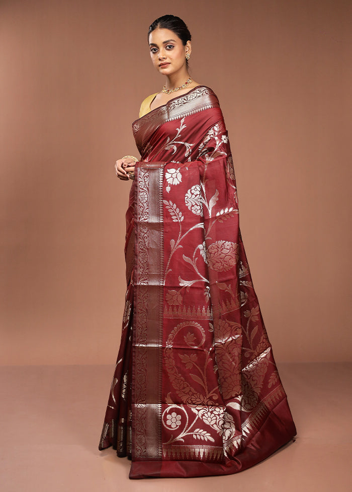 Maroon Kora Silk Saree With Blouse Piece