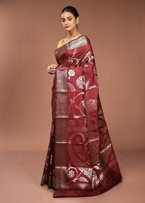 Maroon Kora Silk Saree With Blouse Piece