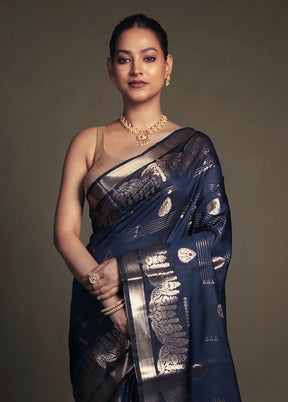 Blue Kora Silk Saree With Blouse Piece