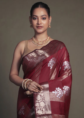Maroon Kora Silk Saree With Blouse Piece