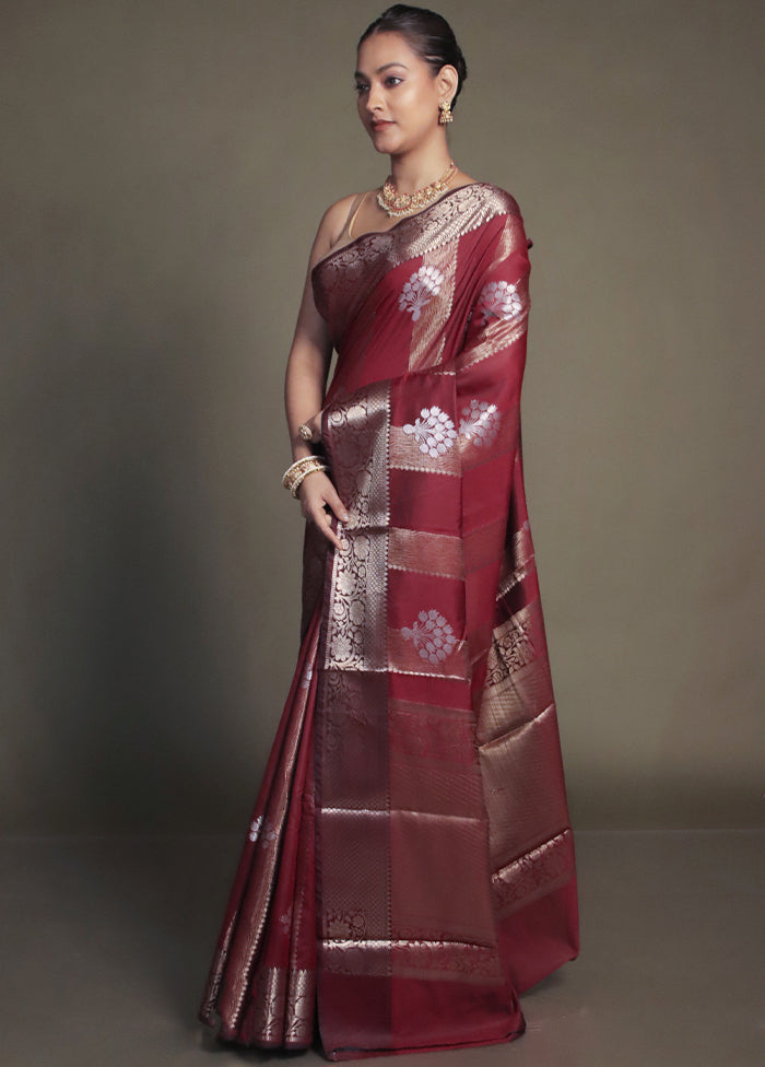 Maroon Kora Silk Saree With Blouse Piece