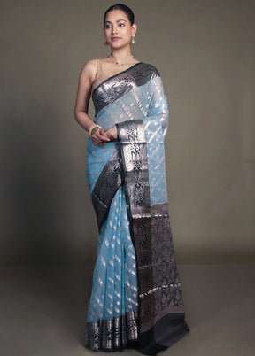 Blue Organza Saree With Blouse Piece