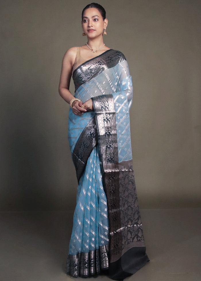 Blue Organza Saree With Blouse Piece