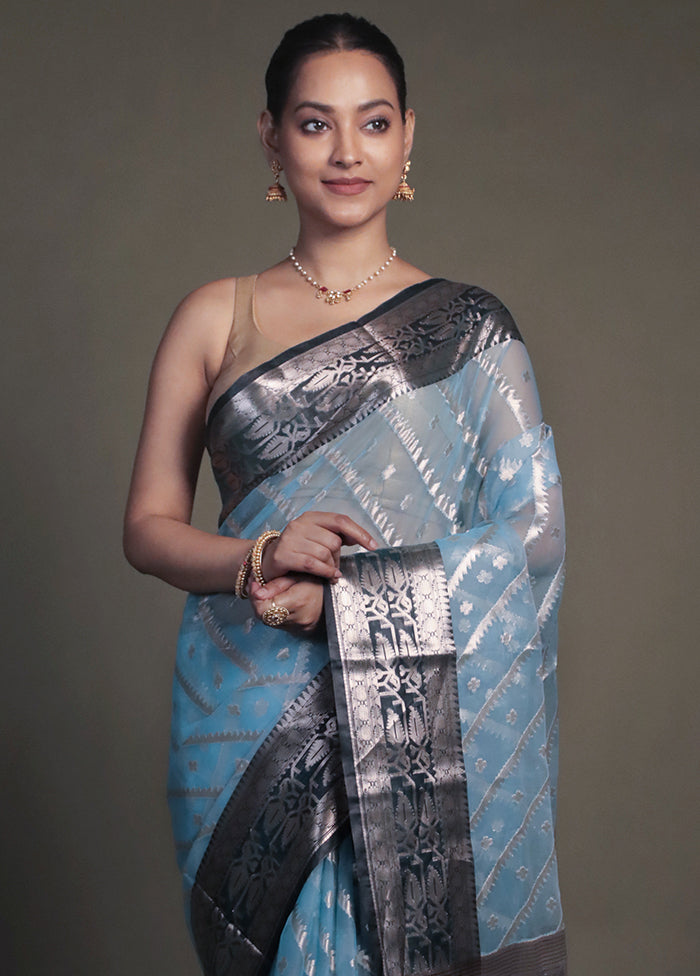 Blue Organza Saree With Blouse Piece