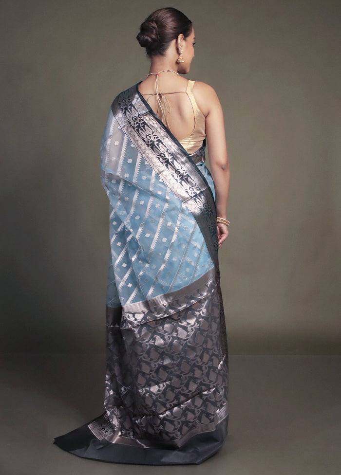 Blue Organza Saree With Blouse Piece