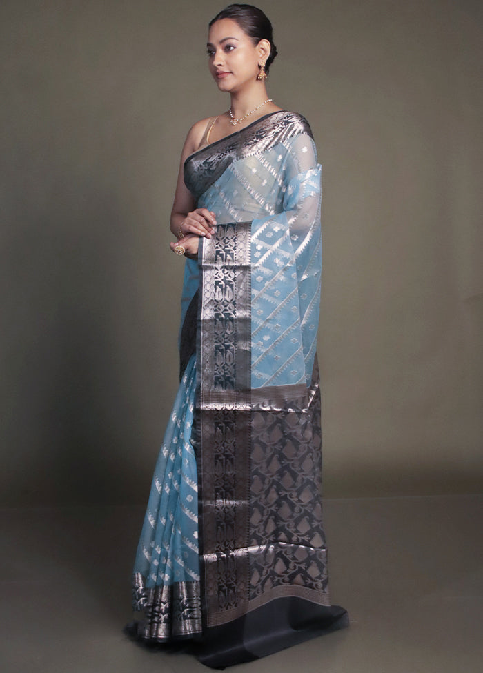Blue Organza Saree With Blouse Piece