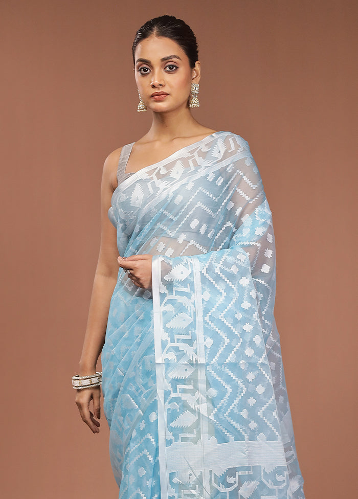 Blue Organza Saree With Blouse Piece