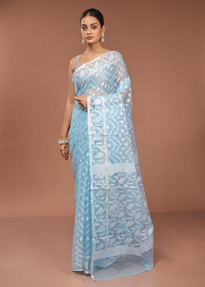 Blue Organza Saree With Blouse Piece