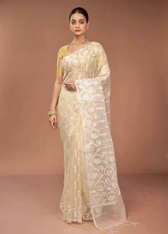 Cream Organza Saree With Blouse Piece