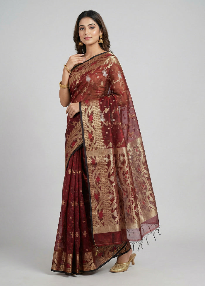 Maroon Organza Saree With Blouse Piece