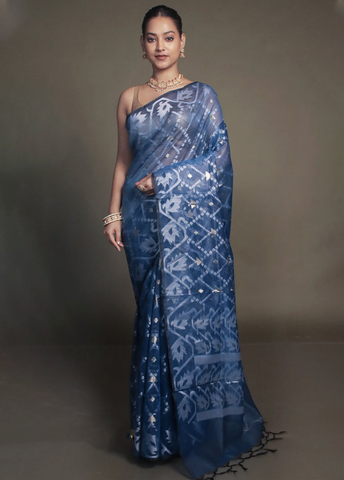 Blue Organza Saree With Blouse Piece