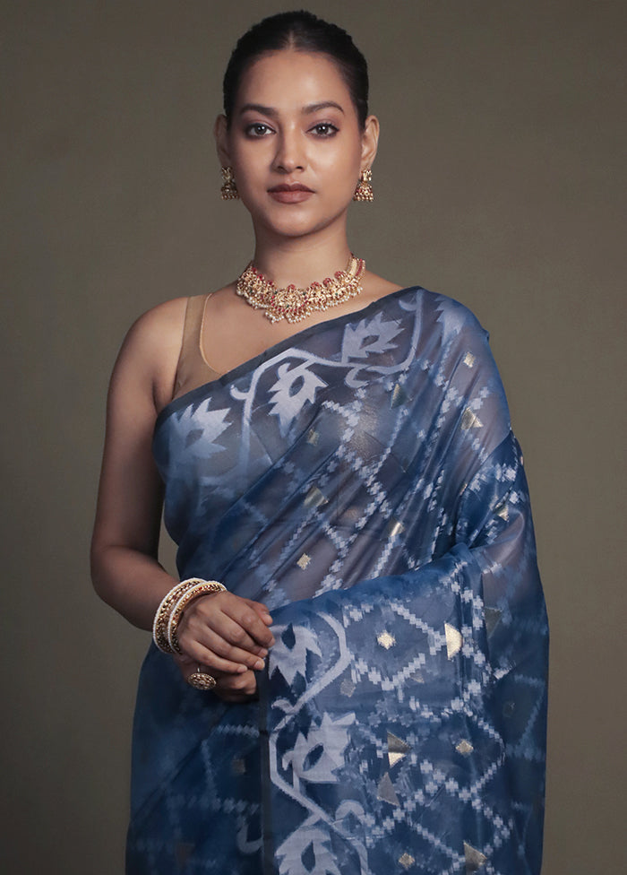 Blue Organza Saree With Blouse Piece
