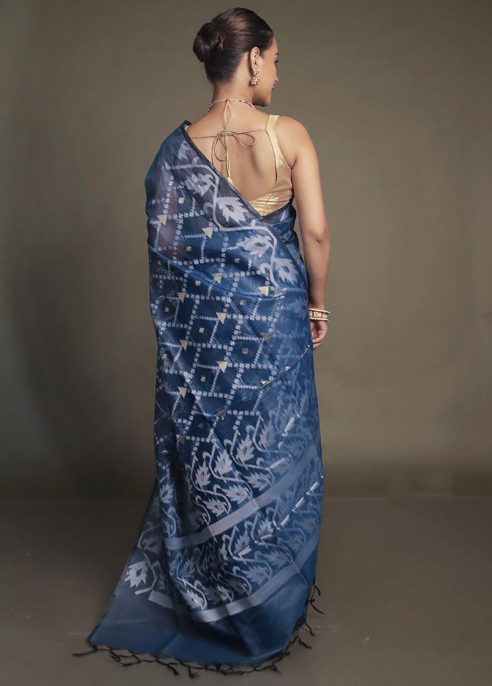 Blue Organza Saree With Blouse Piece