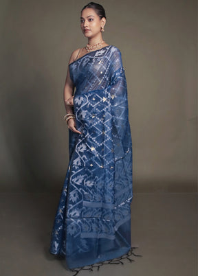 Blue Organza Saree With Blouse Piece