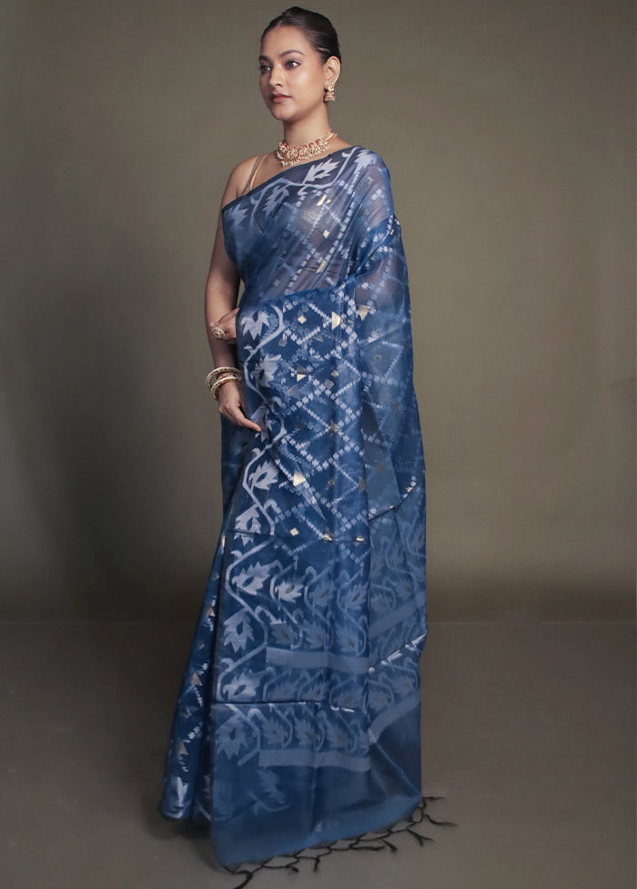 Blue Organza Saree With Blouse Piece